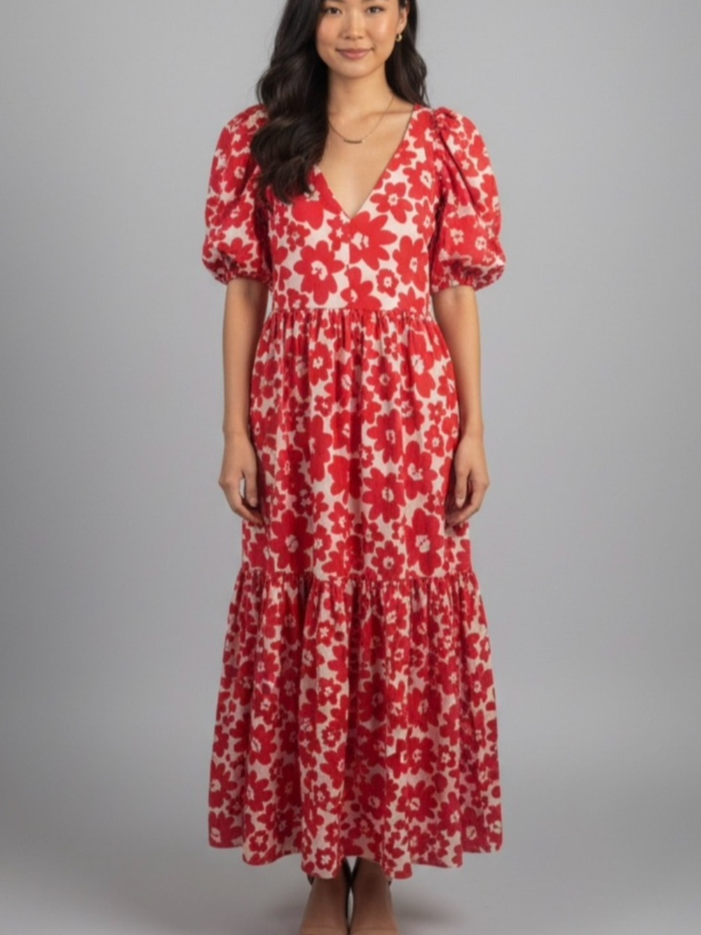 Zara Red Floral Puff-Sleeve Maxi Dress